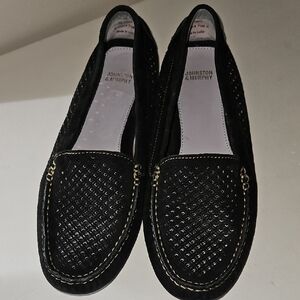 NEW JOHNSON & MURPHY MAUREEN BLACK PERFORATED VENETIAN KID SUEDE LOAFERS sz 7.5